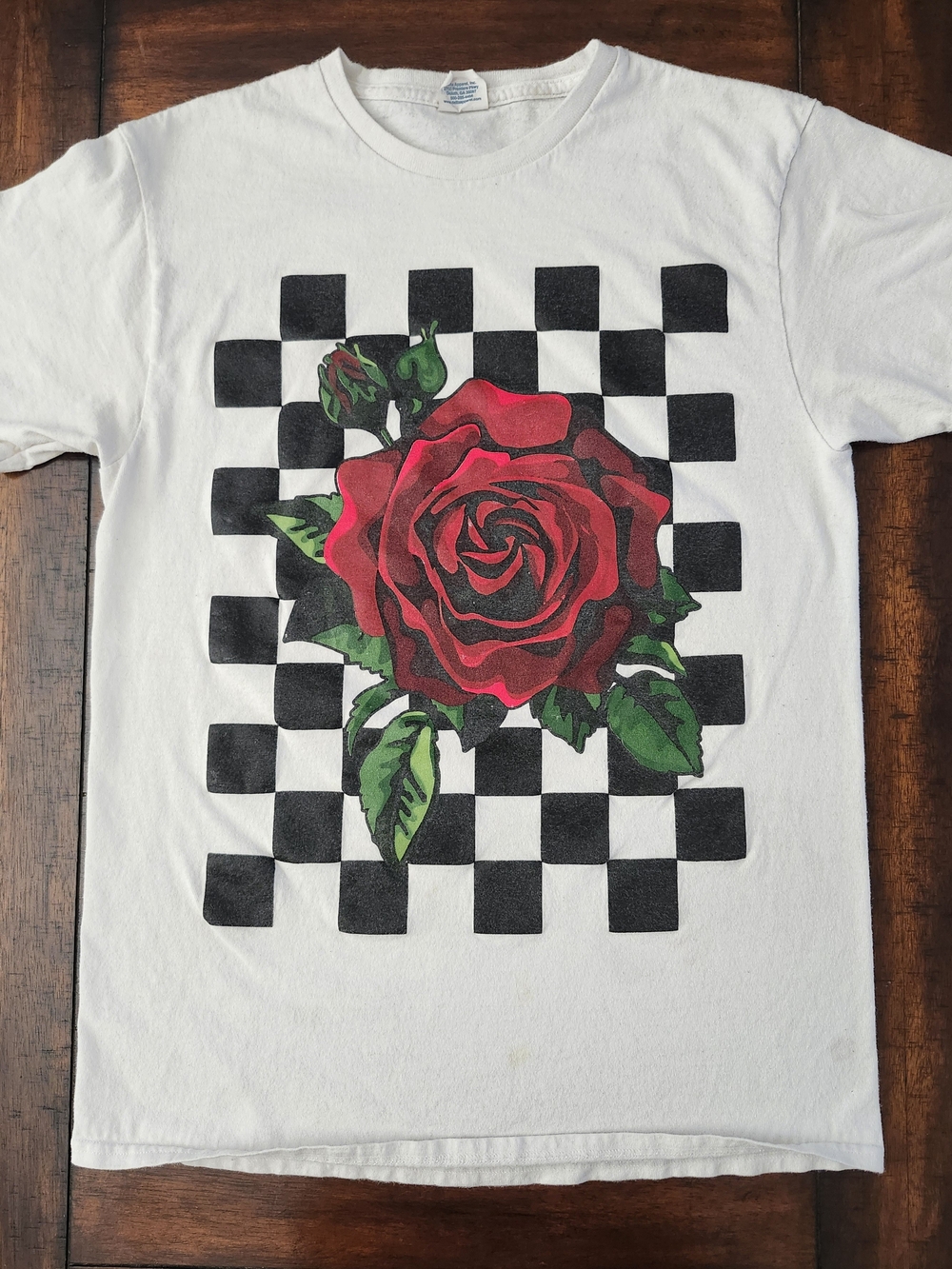 White Graphic Tee with Red Rose and Black Checkered Print Medium